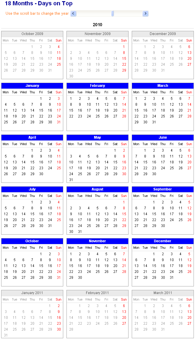 Image of adjustable and printable Excel Calendar 18month calendar